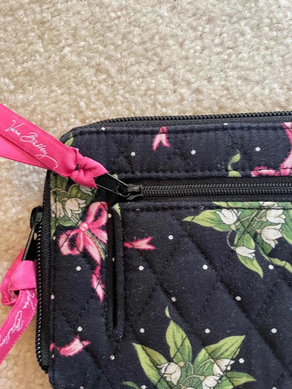 New Condition-Vera Bradley Black Quilted Wallet with Pink Ribbon & Green Floral - Picture 2 of 5